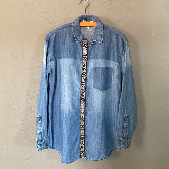 life in progress Tops - Life In Progress Chambray Embroidered Boho Western Sun Dyed Button Front Top